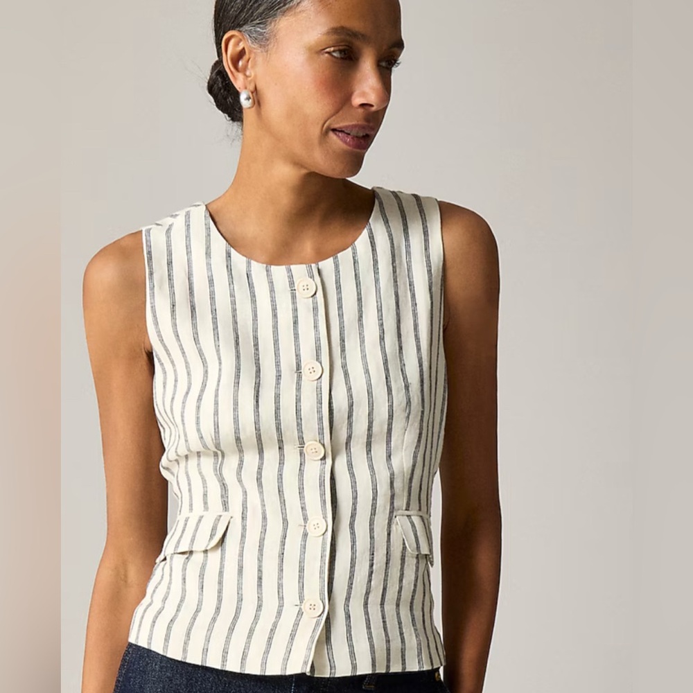 J. Crew Women’s Crewneck Vest Striped Linen Beige Size 6 - Picture 2 of 9